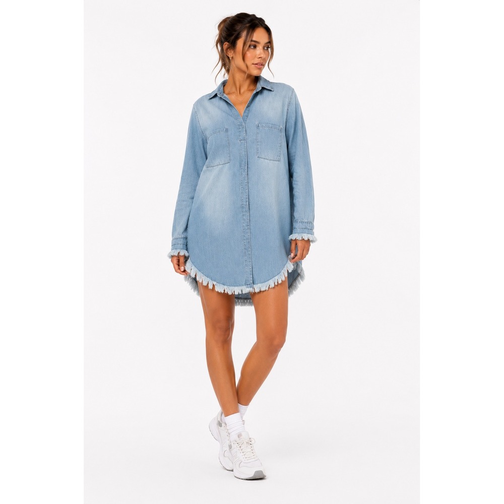 Zilcremo Denim‎ Shirt Dress Women Medium Light Blue Frayed Hem Boho Tunic dress